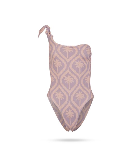 Manebi Printed Touch Tie Up One Shoulder One Piece Iris and Cream Pink Maxi Ikat Palm 1