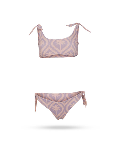 Printed Soft Touch Tir Up Bikini Iris and Cream Pink Maxi Ikat Palm 1